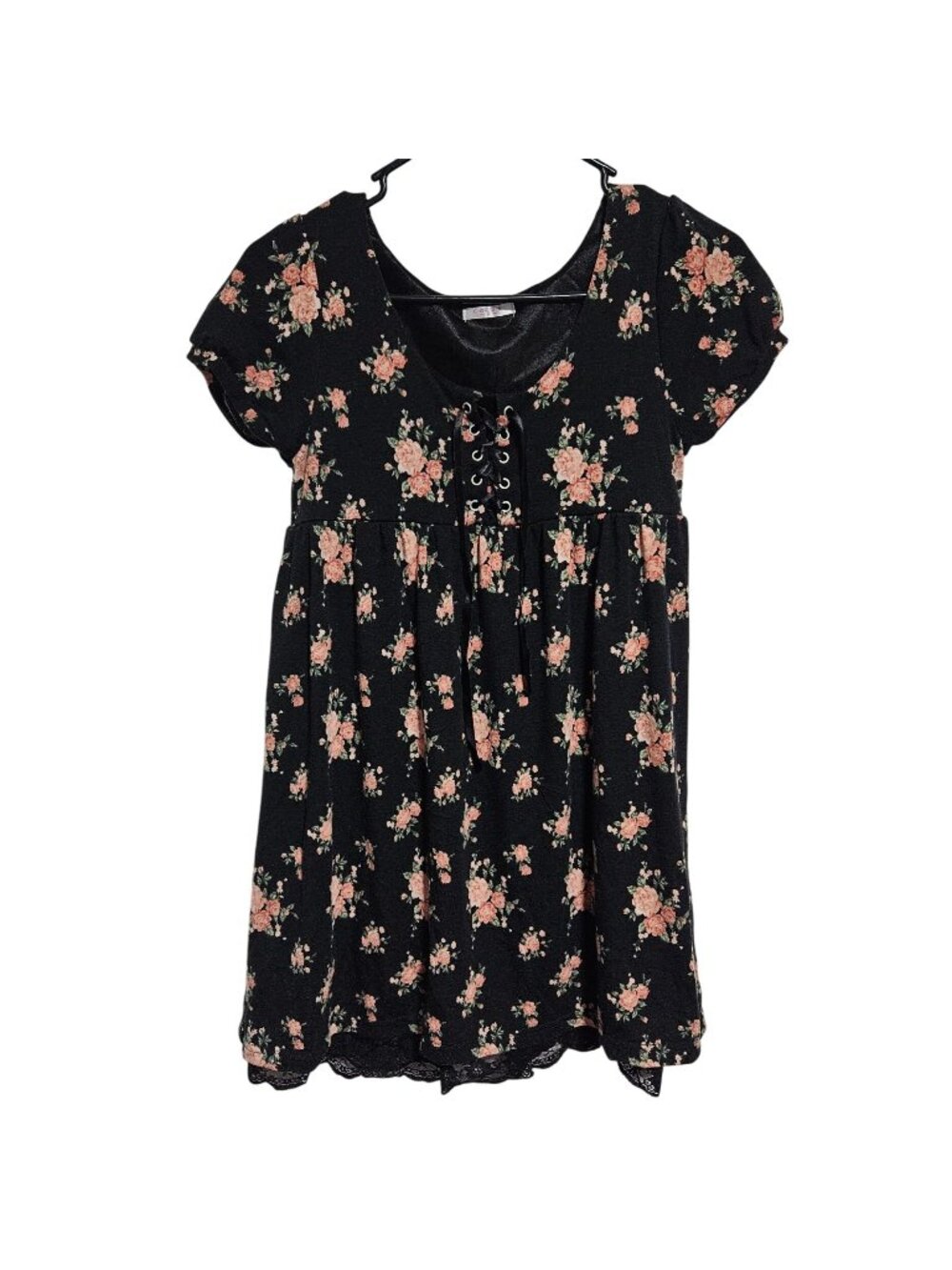 Colza Babydoll Dress Size Medium Cottagecore Y2K Floral Black Pink Lace Trim